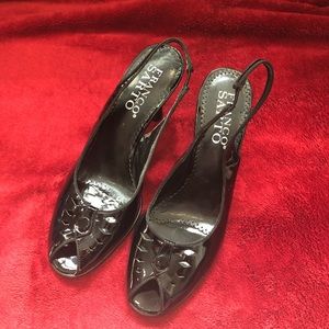Franco Sarto black patent leather peep toe heels